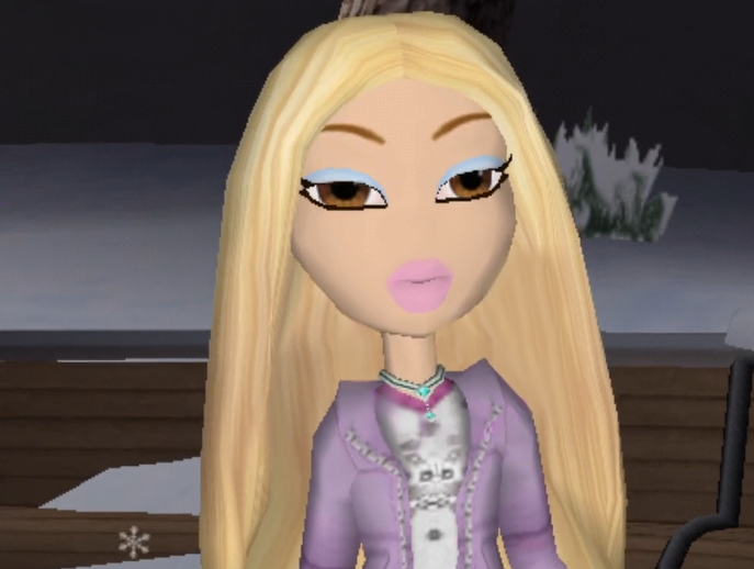Vinessa has platinum blonde hair and brown eyes. She is wearing a white skating outfit under a purple winter coat. She has white skin.